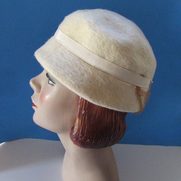Mid Century Cloche in Cream Felt with Silver Tone Beading main image 5